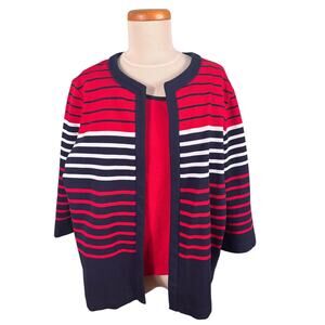 Alfred Dunner Womens Size Medium Blue Red White Striped Stretch Mock Twinset Top